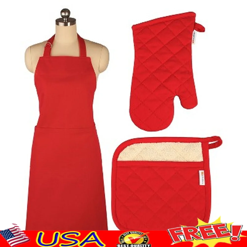 

3 Piece Cotton Cooking Apron Mitt Pot Holder Set Herringbone Pattern Kitchen Essentials Machine Washable with Pockets