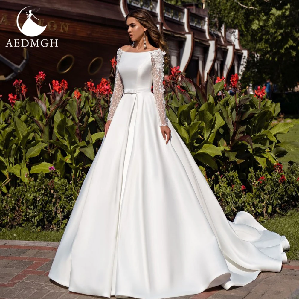 Aedmgh A-Line Matte Satin Wedding Dresses 2024 O-Neck Lace Beaded Long Sleeve Robe De Mariee Elegant Backless Vestido De Novia