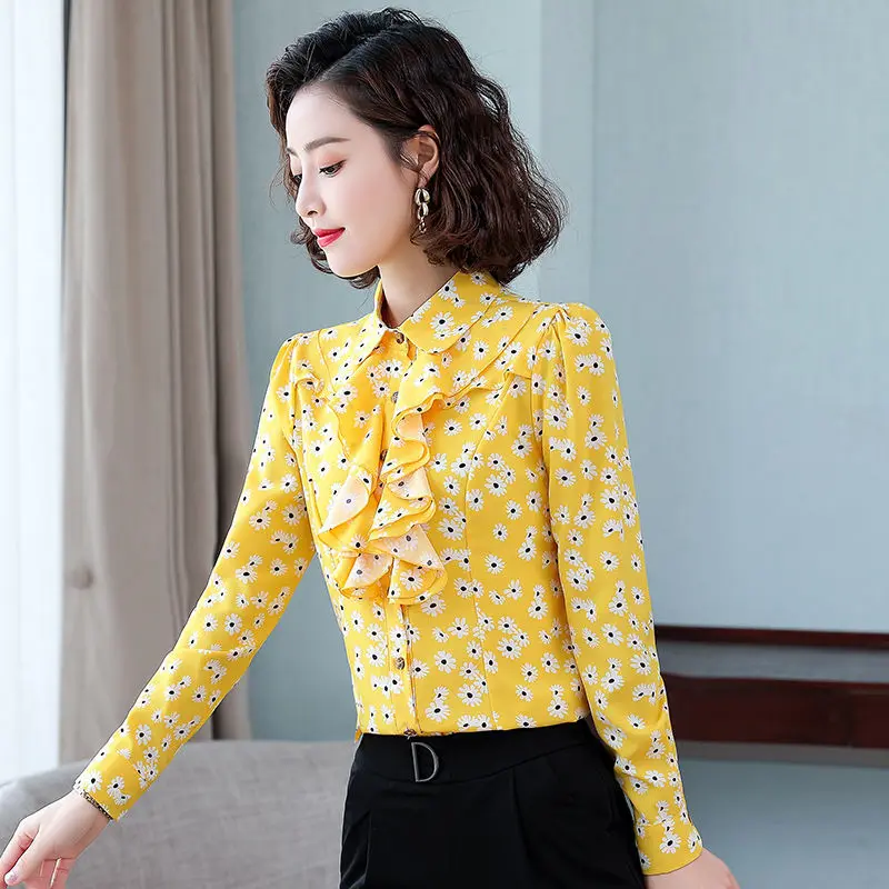 Womens Daisy Print Tops Blouses Ruffle Blouse Women Ruffles Neck Business Long Sleeve Shirts Female Casual 5XL Blusas Large Size