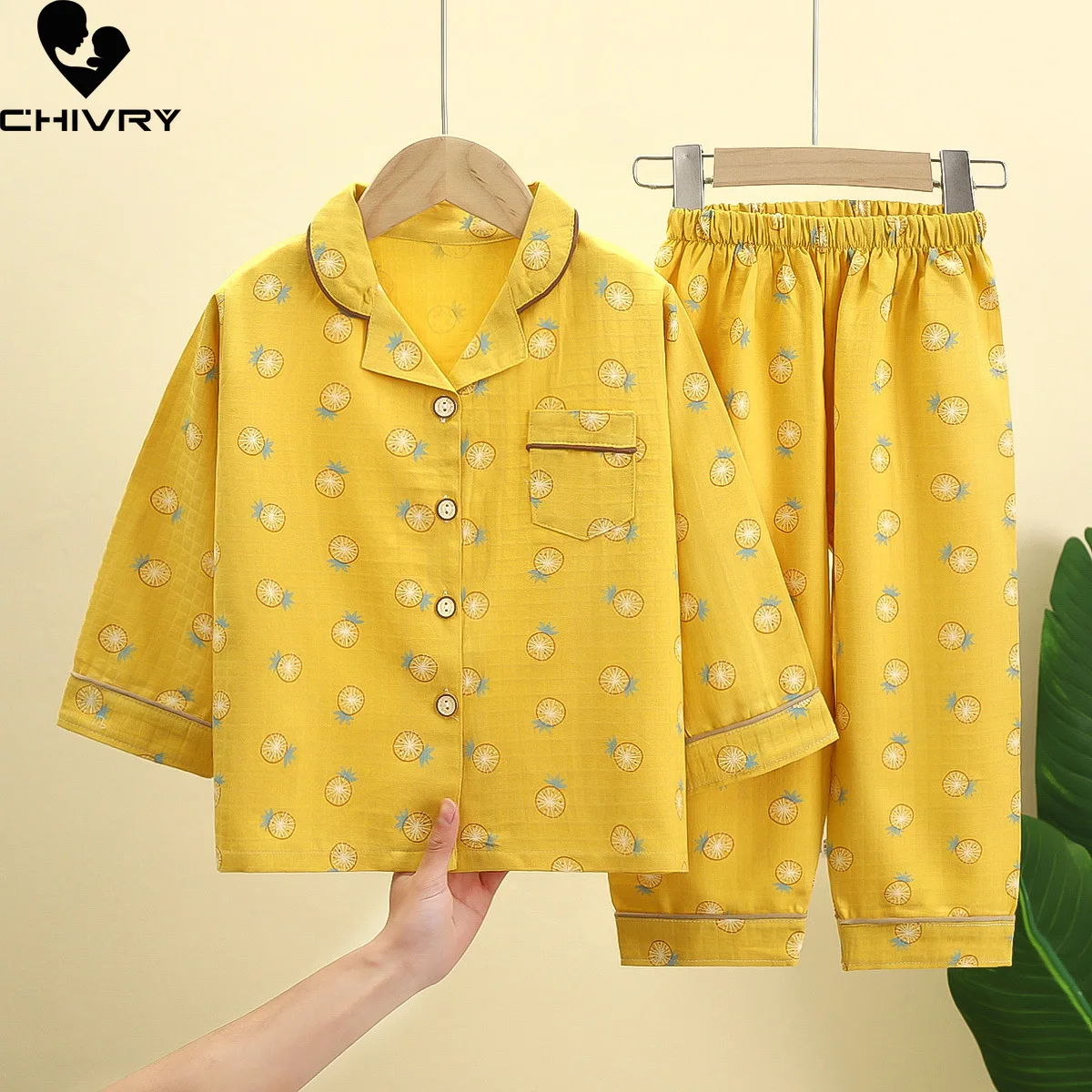 New 2022 Kids Boys Girls Pajamas Casual Cartoon Long Sleeve Lapel Shirt Tops with Pants Baby Summer Loose Sleeping Clothing Sets