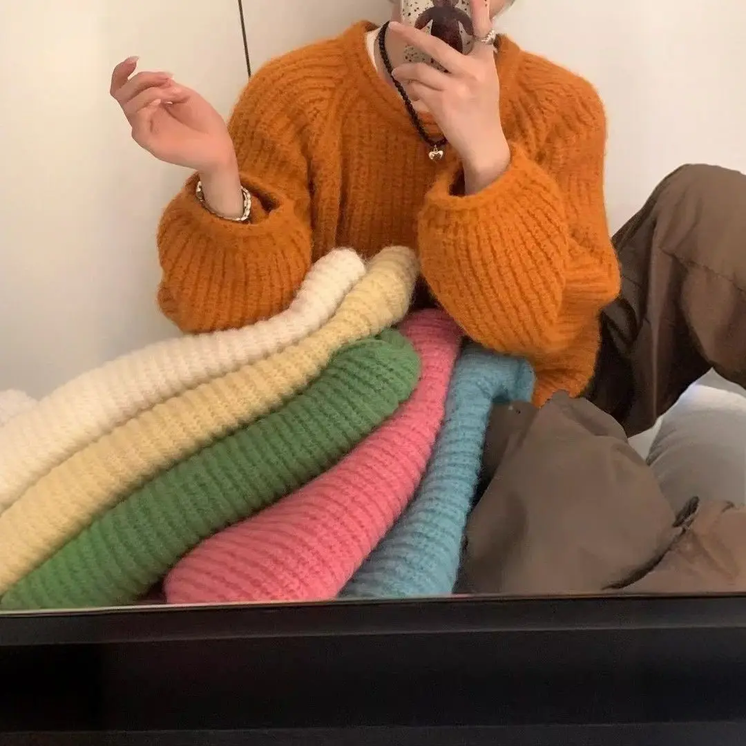 

Свободный вязаный свитер, осень-зима, новый женский топ с тыквой, оранжевый, ленивый, корейская версия, топ для похудения