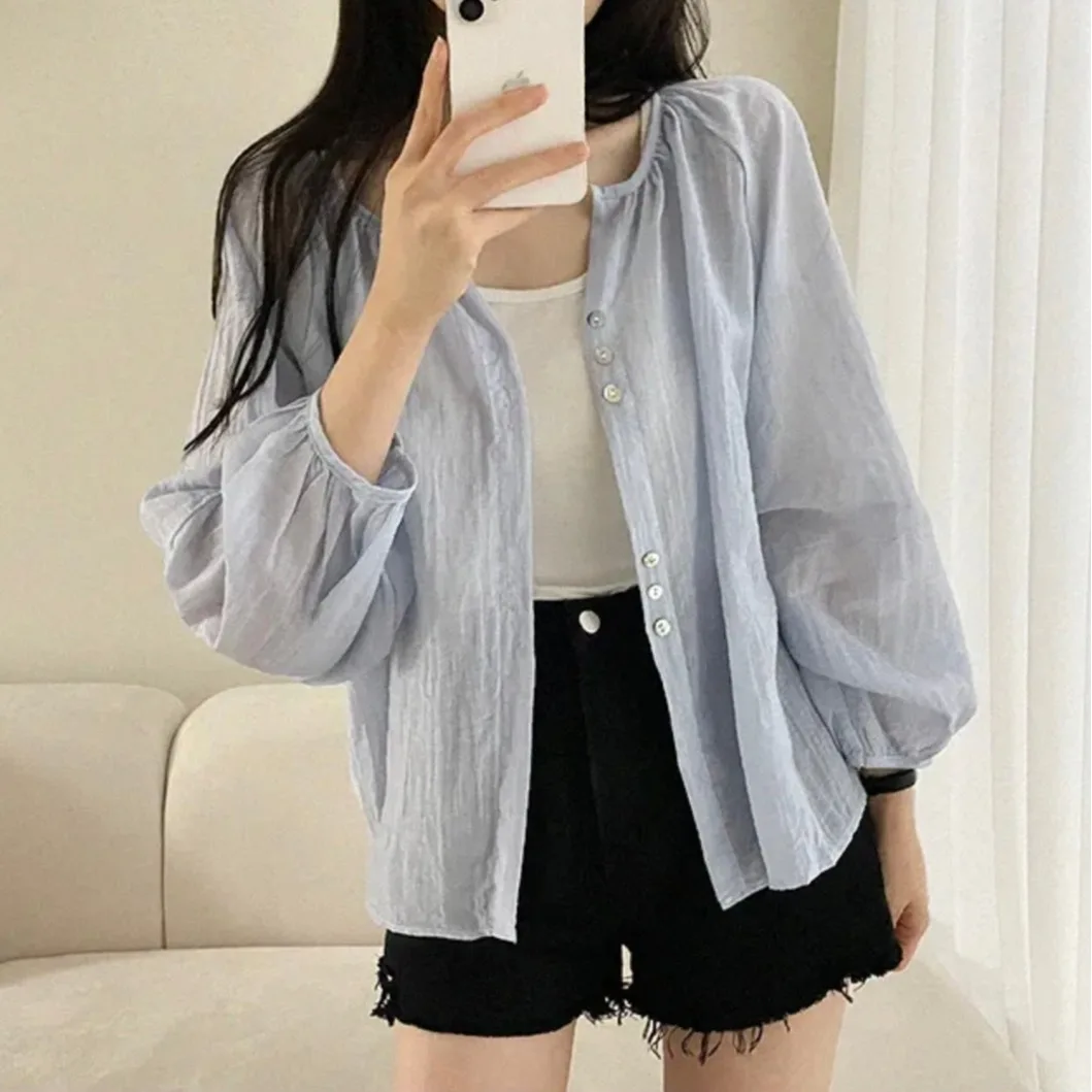 

Chic Sun Protection irt Women's Summer Thin Outer Cover Loose Lantern Sve Design Sensation Fairy Upper Body Korean Sle