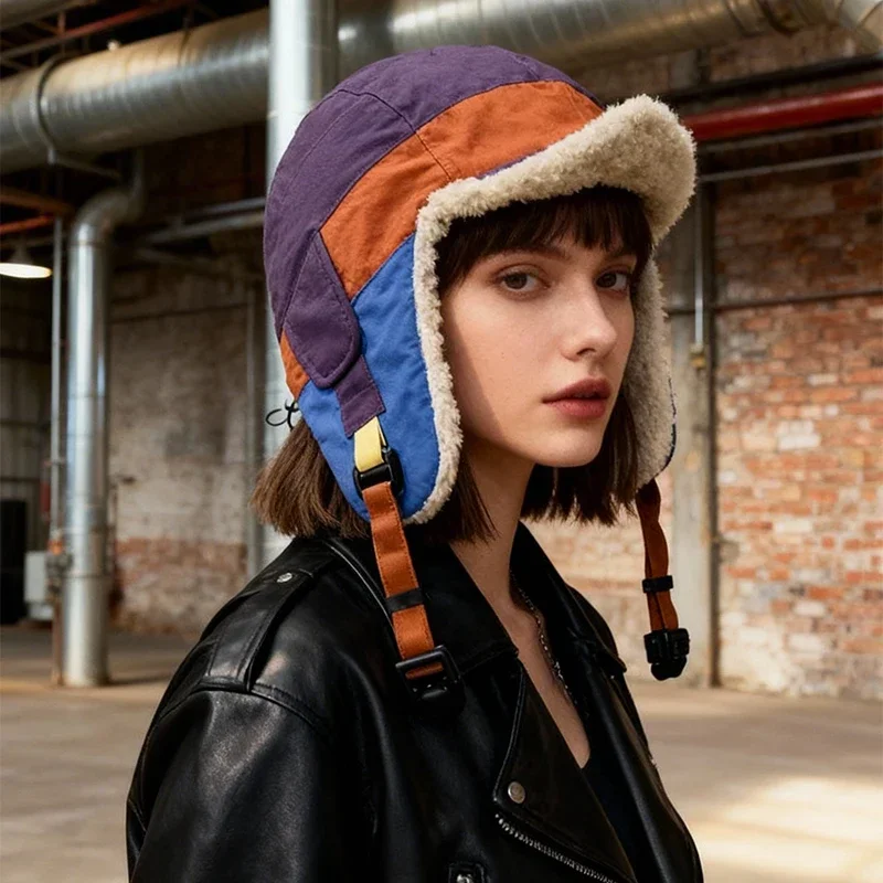 

Korean Fashion Color Matching Plus Velvet Bomber Hats for Men and Women Winter Outdoors Riding Warm Versatile Retro Pilot Cap