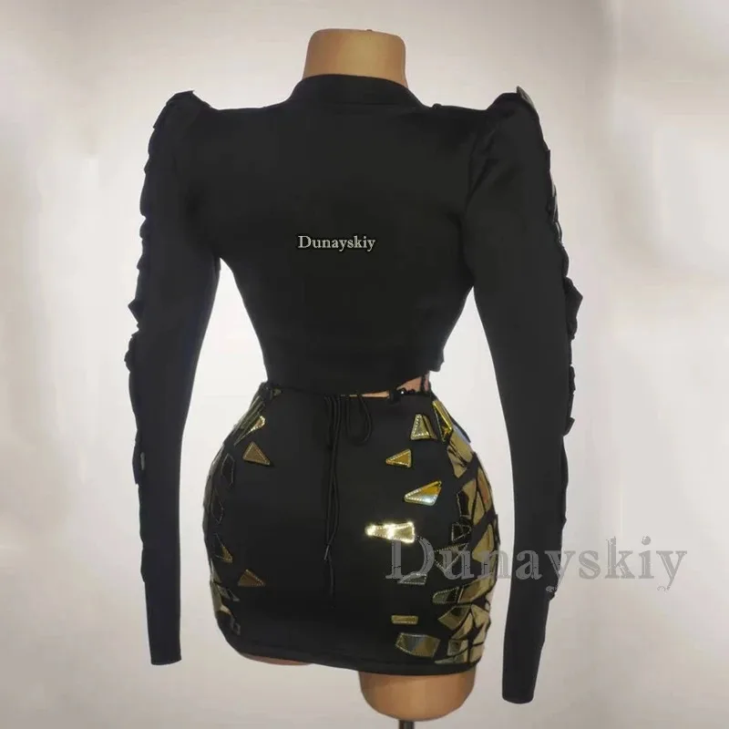 ナイトクラブバー女性歌手ミラーコスチュームゴールドとシルバーのホローショートドレス女性ゴーゴーコスプレドラッグクイーンステージパーティードレス