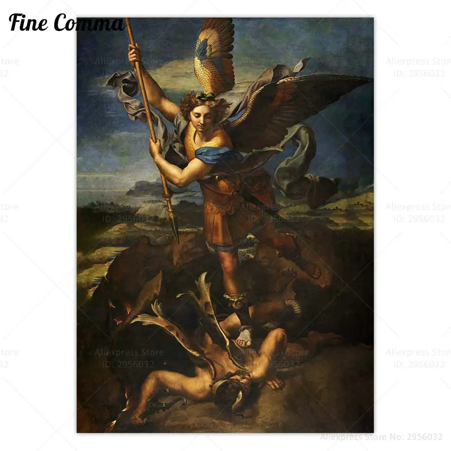 Saint Michael Archangel Vanquishing Satan Raphael Vintage Poster Religious Wall Art Canvas Print War in Heaven Painting Decor