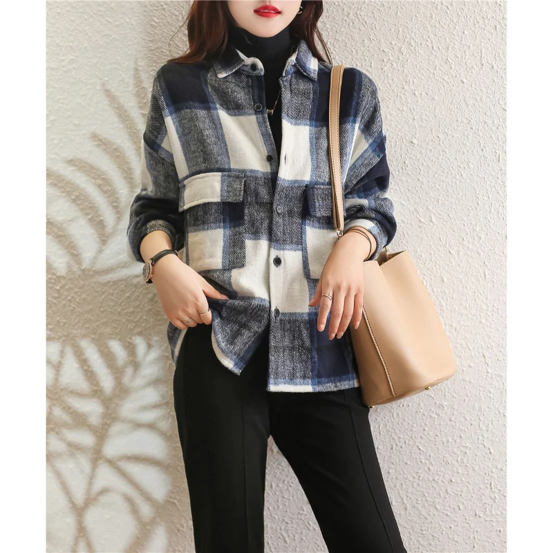 Jesień nowa koszula w stylu francuskim luźny kardigan cesarski szczotkowana krata kontrastowy kolor Vintage kobiety szykowne bluzki na cały mecz