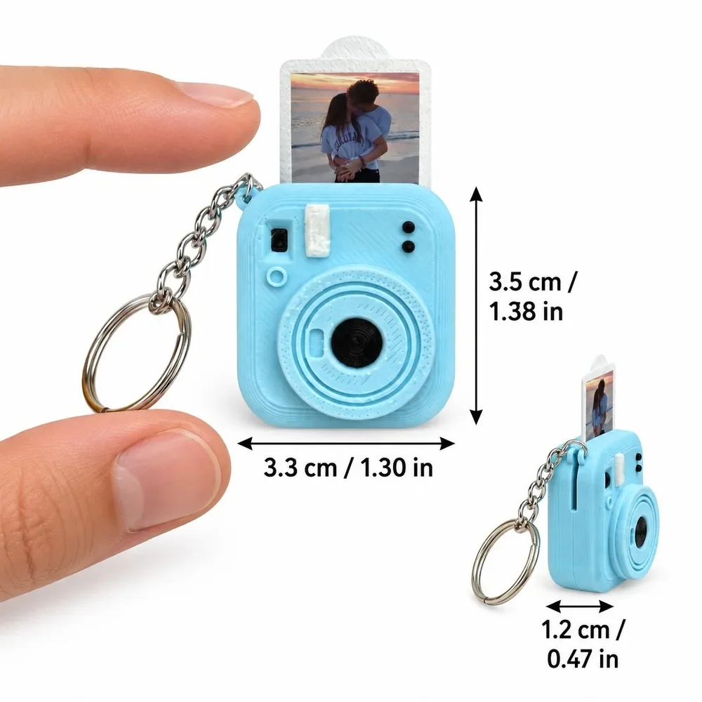 Cute Mini Photo Holder Key Ring, Camera Style 3D Printed Keepsake Charm with Insertable Picture for Bags Keys Birthday Gifts