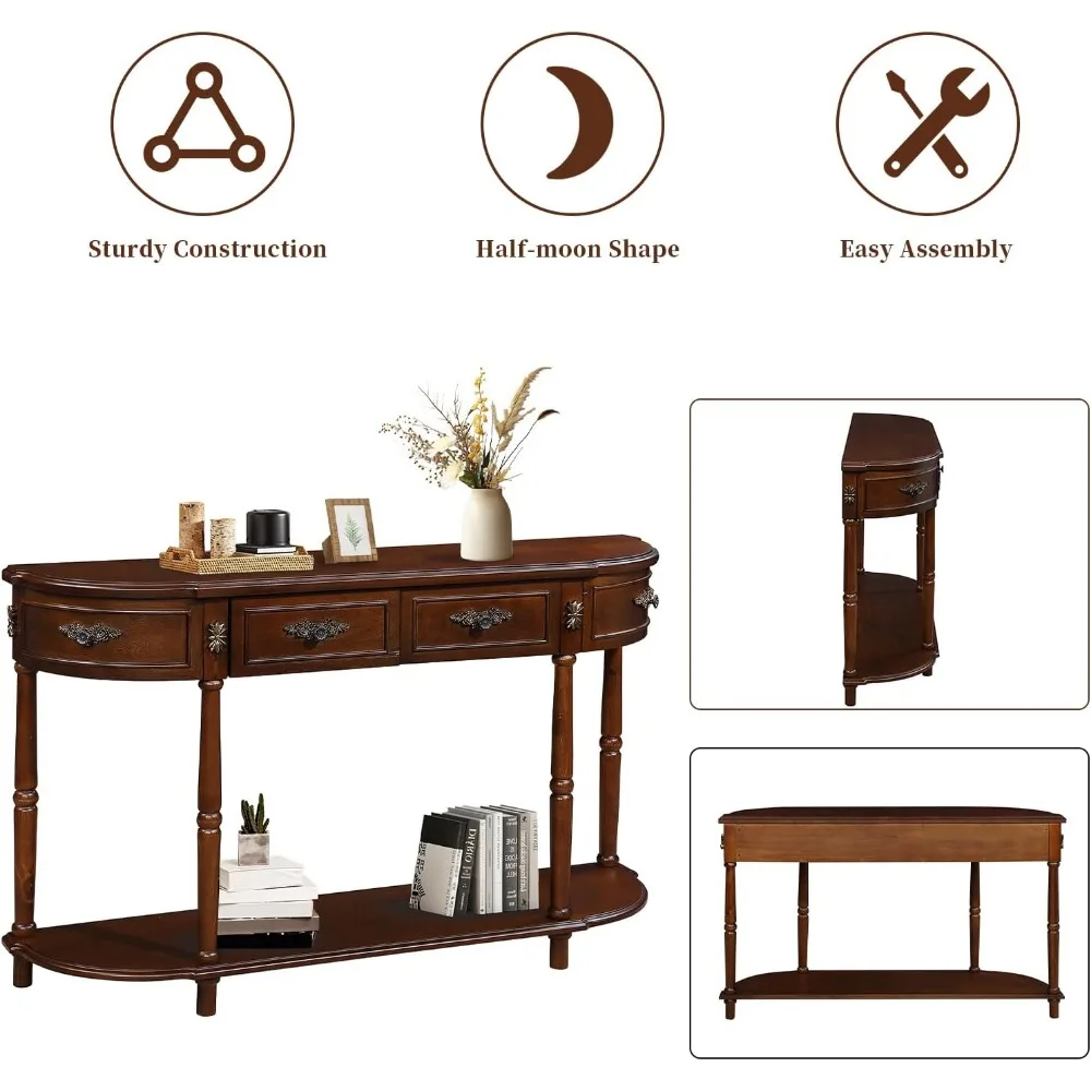 HMFULE 레트로 곡선형 콘솔 테이블, 52인치 반달형 콘솔 테이블 소파 테이블 현관 테이블 2개의 서랍과 1개의 오픈 선반 포함 솔리드 파인 L