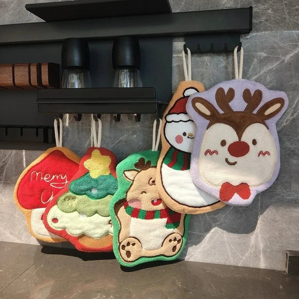 Holiday Coral Fleece Santa Claus Hand Towel Absorbent Cartoon Christmas Tree Towel Hanging Snow Man Wipe Cloth Gift Giving