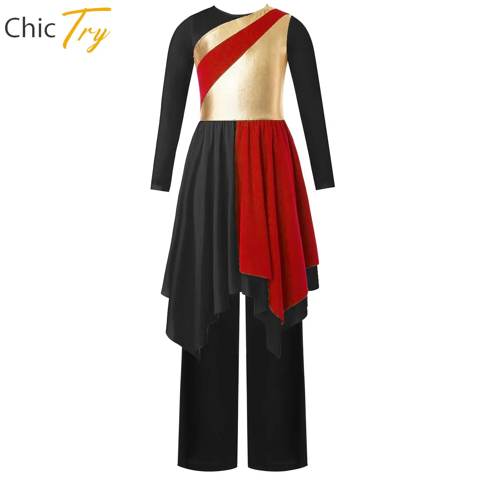 

Girls 2Pcs Praise Worship Dance Outfit Long Sleeve Asymmetrical Hem Metallic Dress+Pants Set for Church Liturgical Lyrical Dance