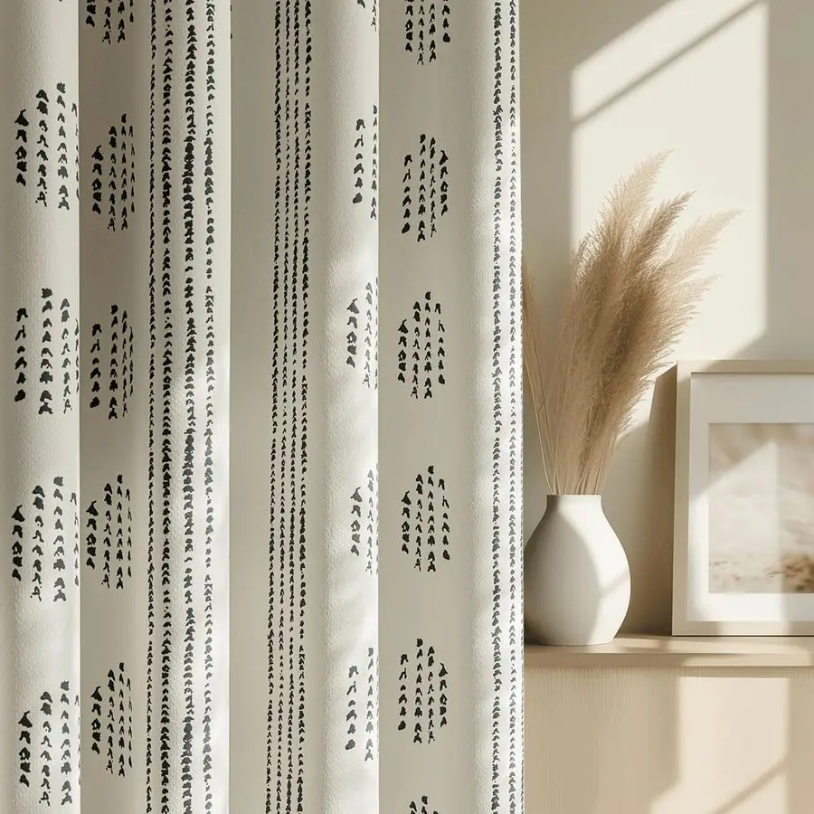 

Boho Blackout Curtains 84 Inches Long for Bedroom, Black on Beige Patterned Bohemian Curtains for Living Room, Geometric Striped