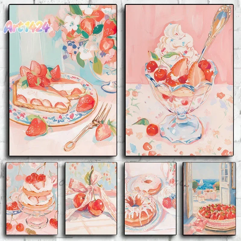 Cake Bakery Cherry Strawberry Donut Watercolor Breakfast Poster Print Wall Art Pictures Canvas Painting Living Room Home Decor