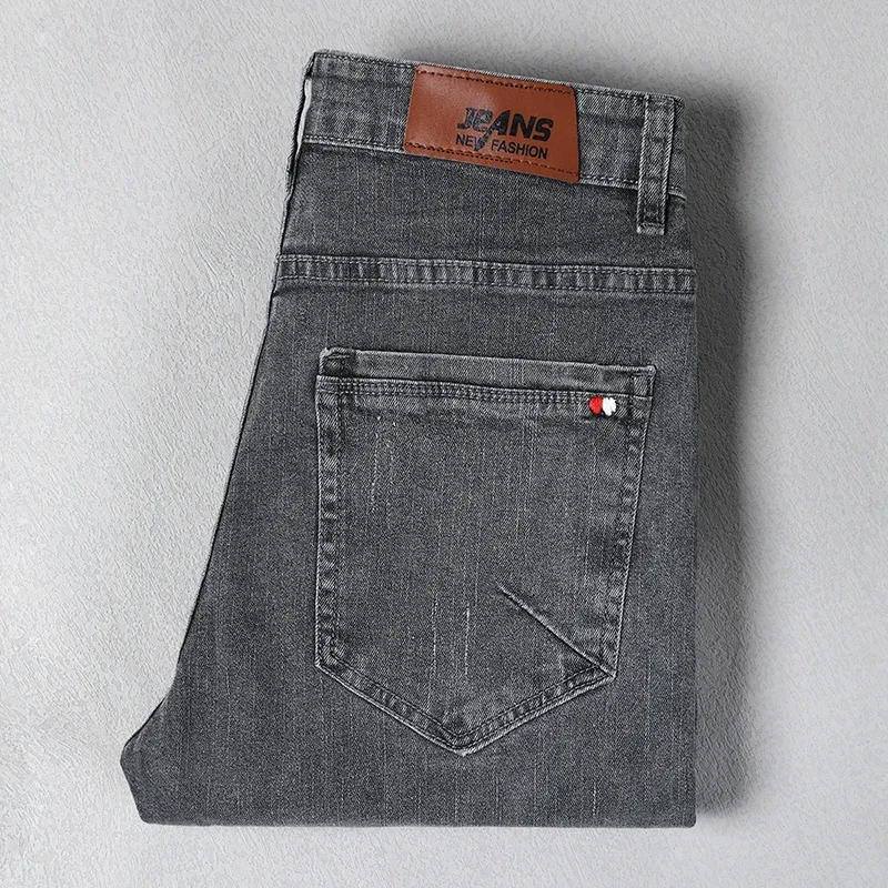 Men\'s Stretch Slim Fit Jeans Gray Korean Fashion Skinny Small Straight Denim Pants Spring Autumn Casual Trousers Male Clothes