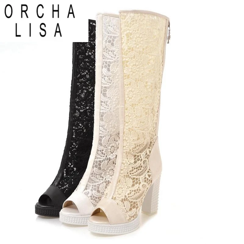 

ORCHA LISA Ladies Summer Boots Peep Toe Chunky Heels Lace Mesh Splice Big Size 33-43 Black Whiete Fashion Sexy S4036