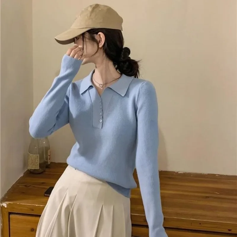 

Women Clothes Spring Autumn Fashion Casual Button Solid Color Polo Collar Ladies All-match Refreshing Long Sleeve Knitting Tops