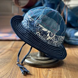 Kendo Cloth Basin Cap Men's and Women's Onesize Casual Bucket Hats Japanese Handmade Blue Dye Patch Ribbon Fisherman Hat