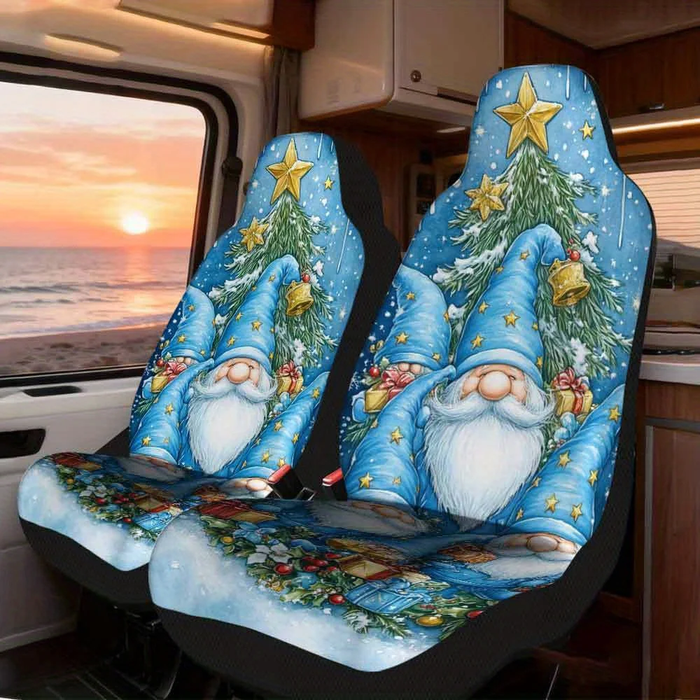Set Of 2 Universal Car Seat Covers Featuring A Christmas Gnomes And Stars Design, Perfect For Stylish Vehicles. Ideal For Festiv