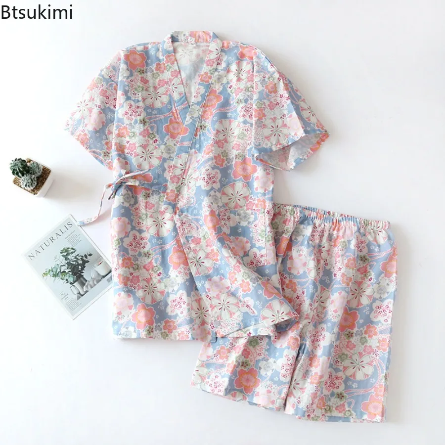New 2025 Women's Summer Sleepwear Short Sleeve Short Sets Cotton Gauze Home Clothing Cute Sweetness Two Piece Pajamas Set Female