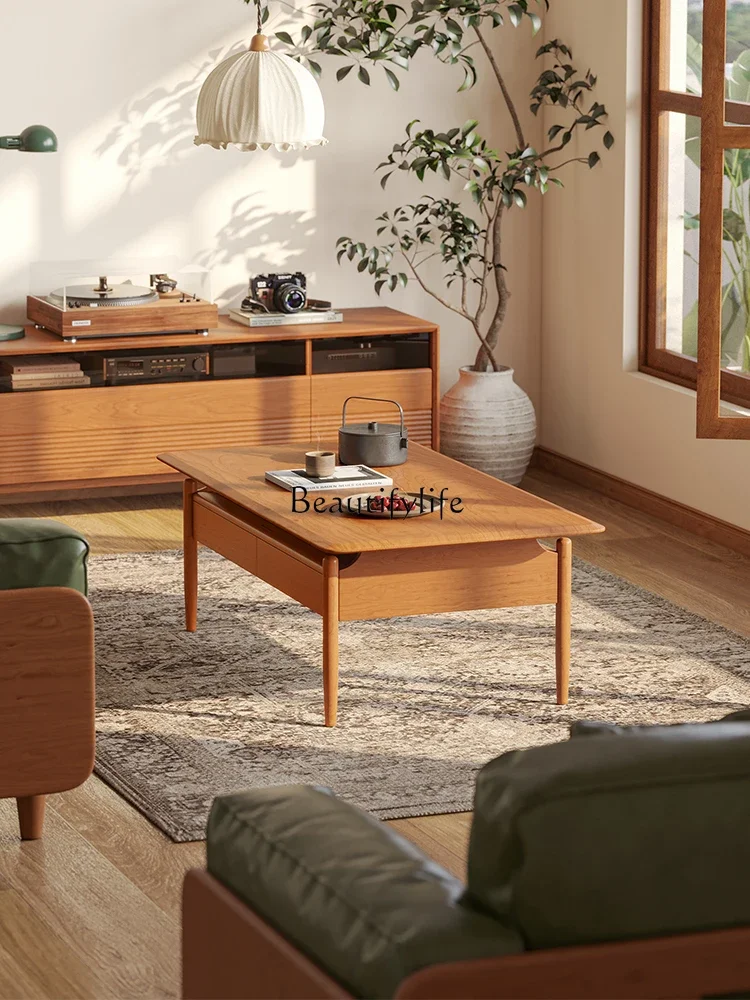 

yj5Coffee Table Dual-Use Multi-Functional Simple Nordic Solid Wood Small Apartment Living Room Home Japanese Tea Table