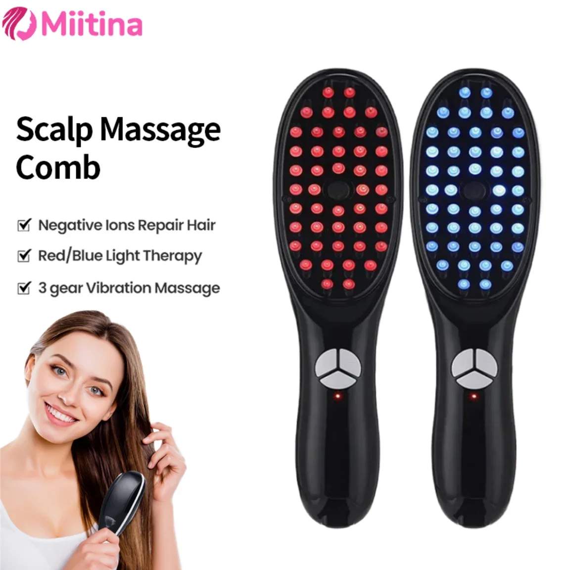 

Electric Massage Comb Blue Red Light Therapy Vibration Brush Massage Spray Negative Ion Massager Spray Scalp Massage Comb Relief