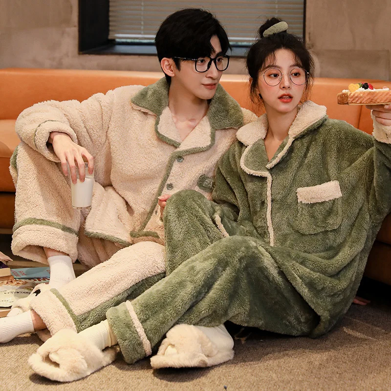 Autunm Winter New Women Flannel Homewear Couple Loose Casual Sleepwear Men Long Sleeve Coral Velvet Pajamas Nightwear