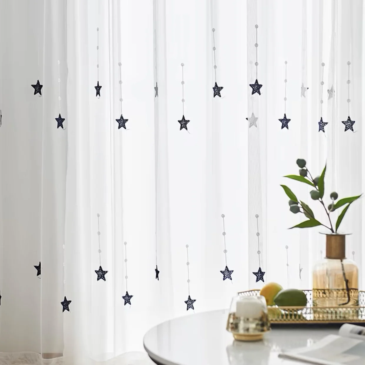 Dark Blue Stars Embroidery with Dot Tulle Curtains For Children Bedroom Decoration Modern Window Blinds Sheer Living Room Drapes