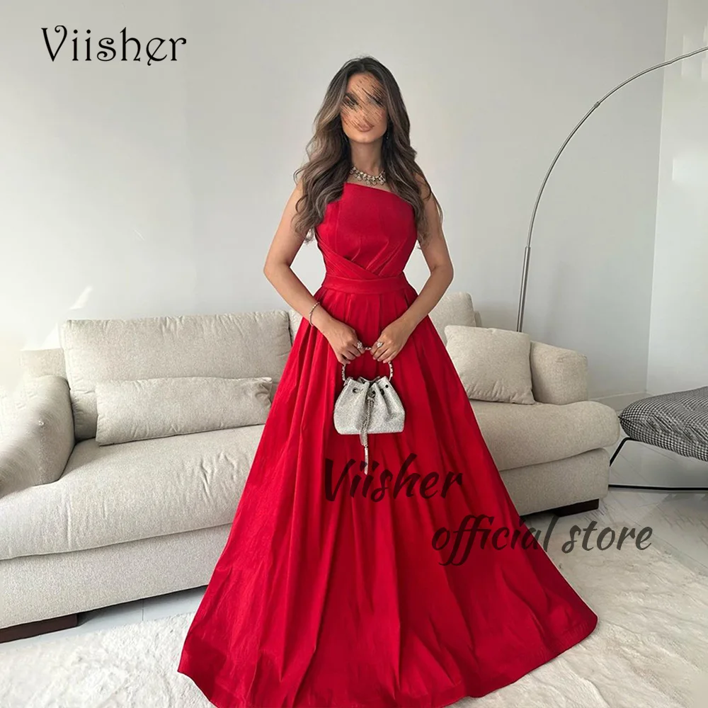 

Viisher Red A Line Prom Party Dresses for Women One Shoulder Pleats Satin Long Evening Dress Floor Length Arabic Formal Dress