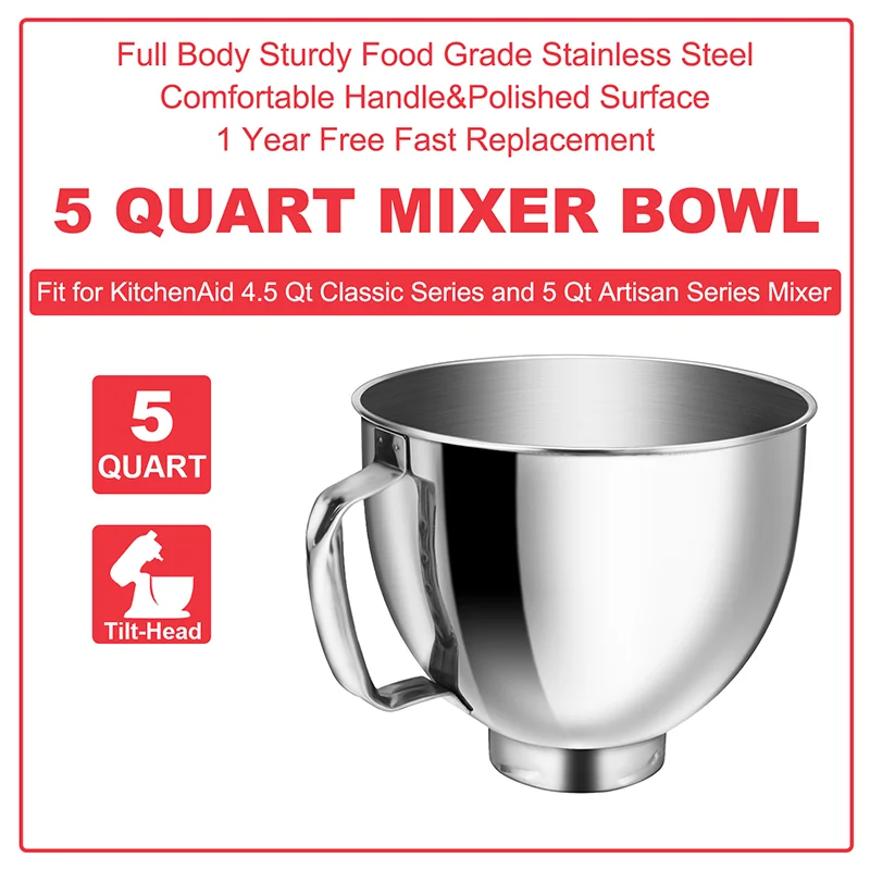 Stainless Steel Mixer Bowl for Kitchenaid 4.5-5 Quart Kitchen Aid Bowls for Mixer Kitchen Mixer Accessories Bowl Dishwasher Safe