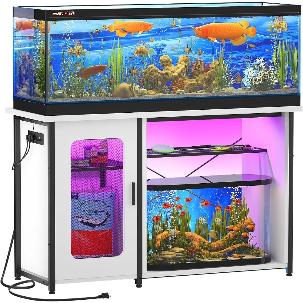 

55-75 Gallon Fish Tank Stand with Power Outlets & LED Light, Reversible Heavy Duty Metal Aquarium Stand