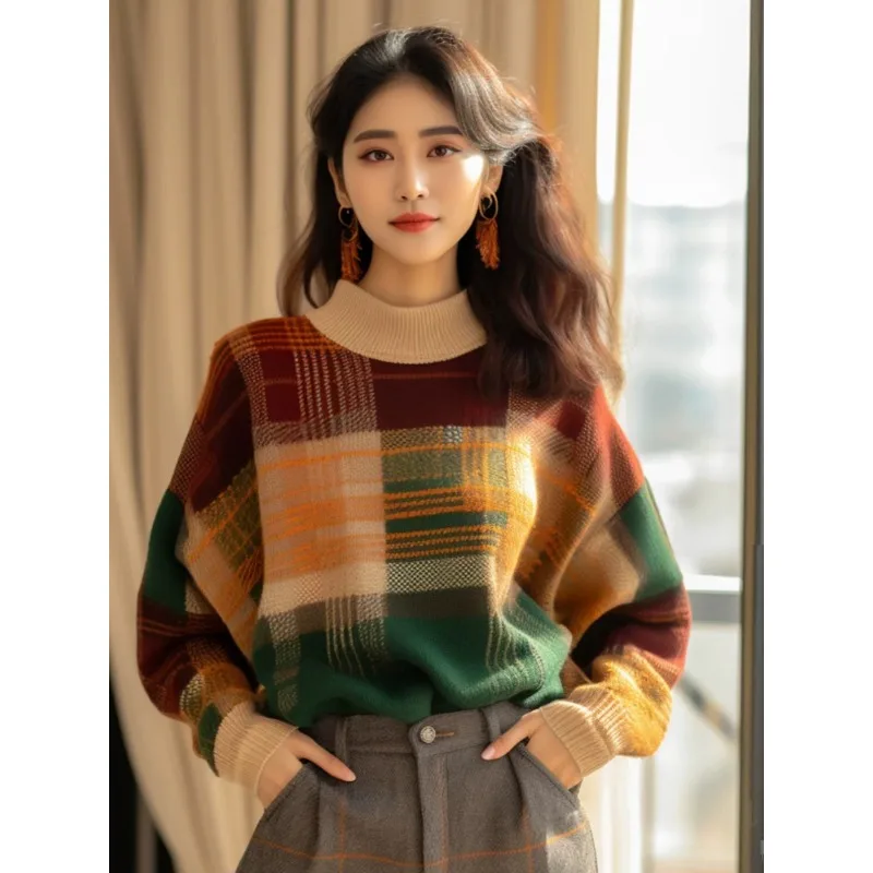 

Women Clothing Vintage Plaid Contrast Half High Neck Sweaters Autumn Winter 2025 New Fashion Loose Warm Thick Knit Tops