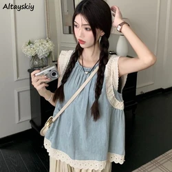 Tanks Women Tops Summer Patchwork Design Sweet All-match Holiday Fashion Korean Style Aesthetic Vintage Sleeveless Chic Students