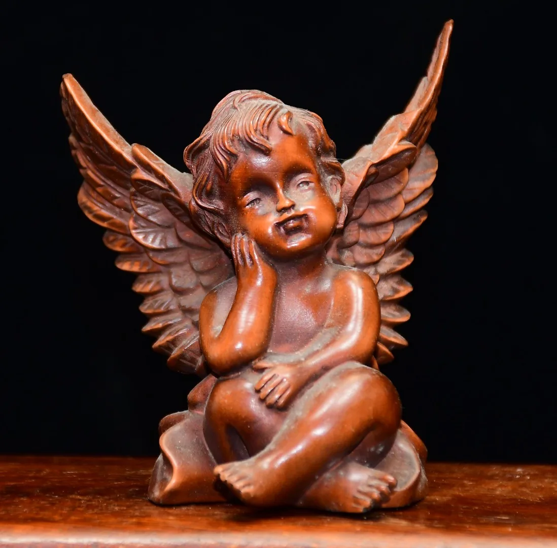 Old Boxwood Angel beauty Cupid Childlike Delight Wenfang screen Office Ornaments Town House Exorcism