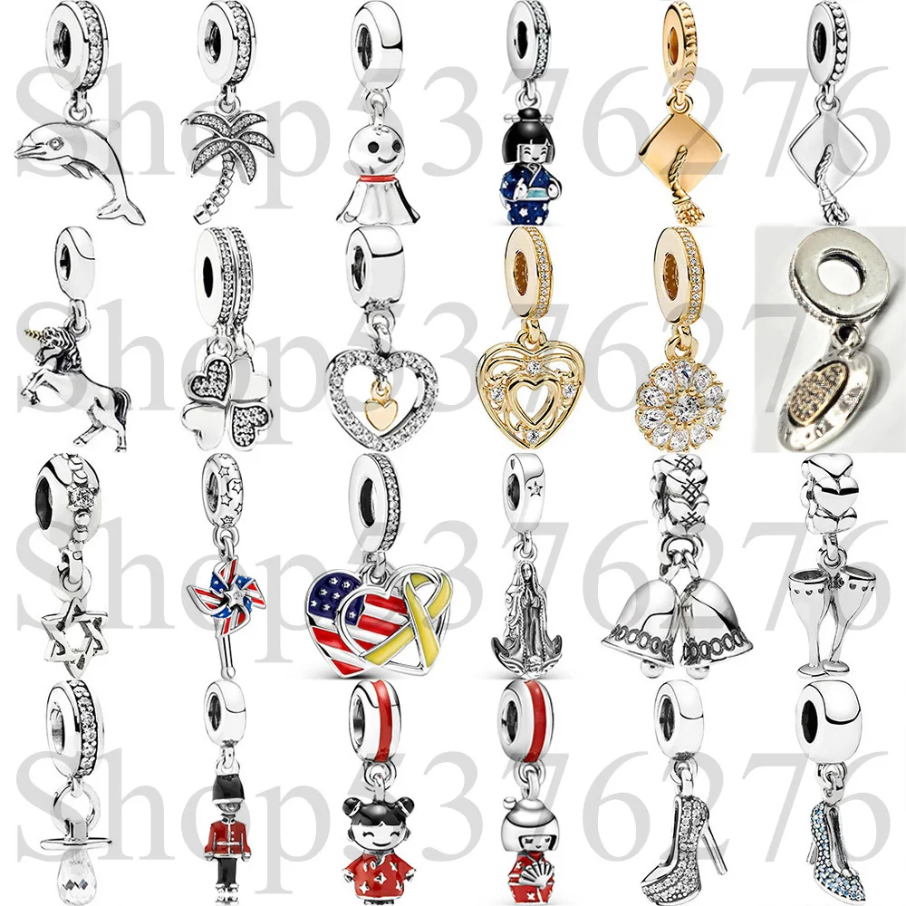 925 Sterling Silver Bead Stiletto Slipper Graduation Cap Dolphin Dangle Charm Fit Fashion Women Bracelet Bangle Gift DIY Jewelry