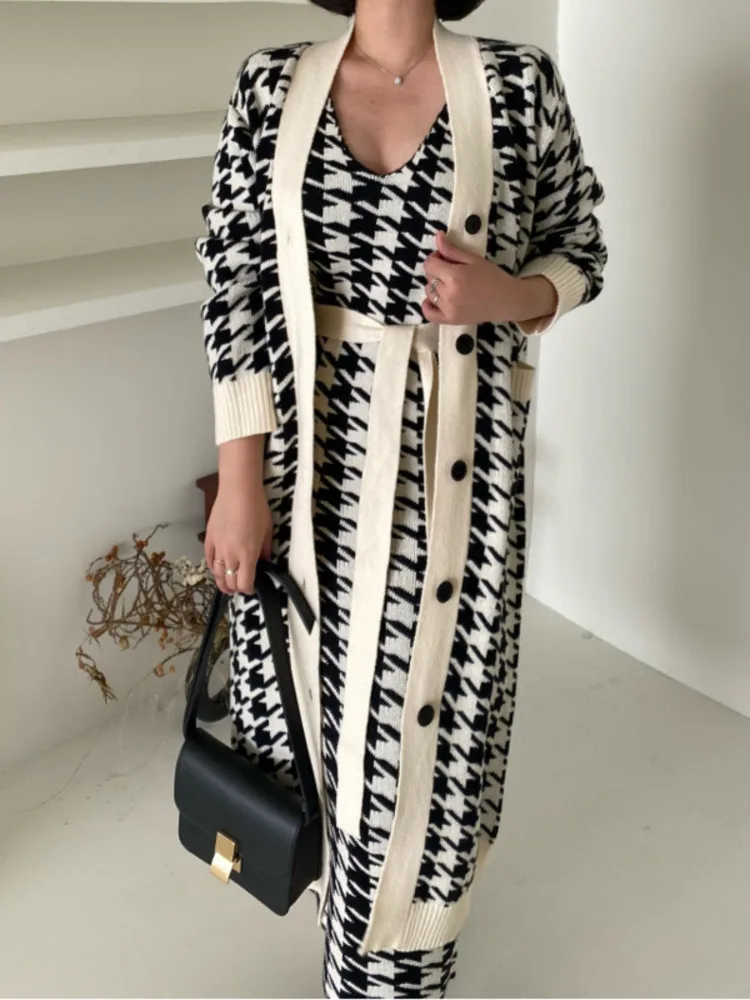 2024 Korean Sweater Set Fashion Vintage V-Neck Long Knitted Sweater Coat + Houndstooth Vest Dress Female Two-Piece Suit Outfits