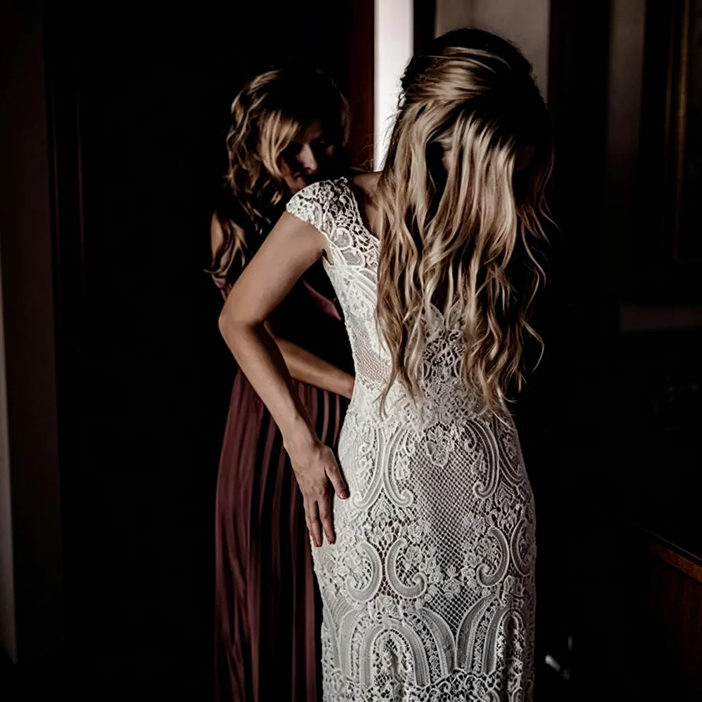 low back bohemian wedding dress V Neckline Backless Lace Chiffon Bohemian Wedding Dress WD734 US16 / White