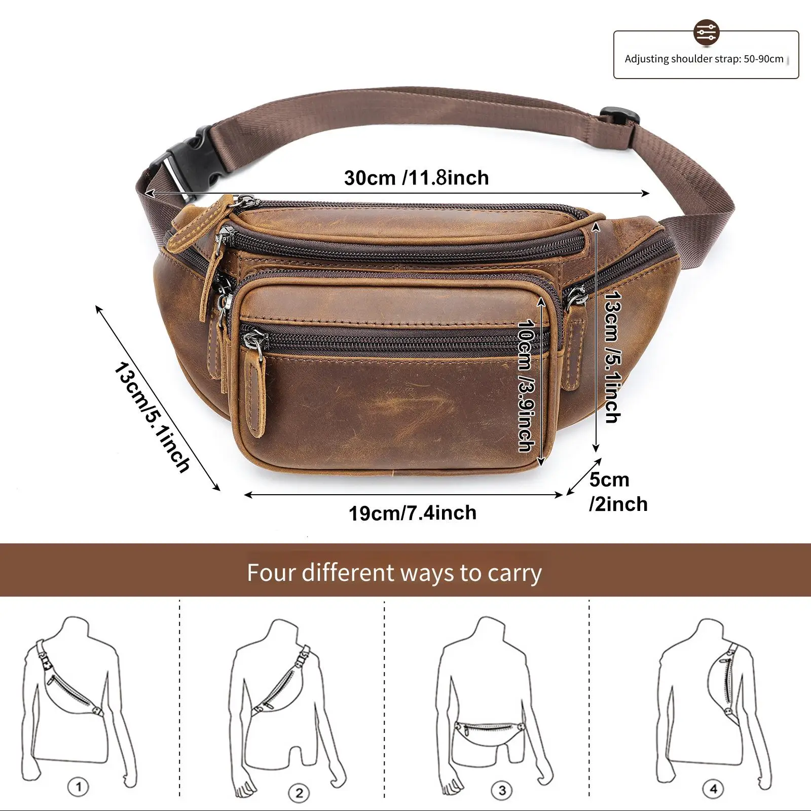Casual Mens Genuine Leather Waist Bag Crossbody Crazy Horse Leather Chest Bag Top Grain Cowhide Anti Theft Front Chest Pack