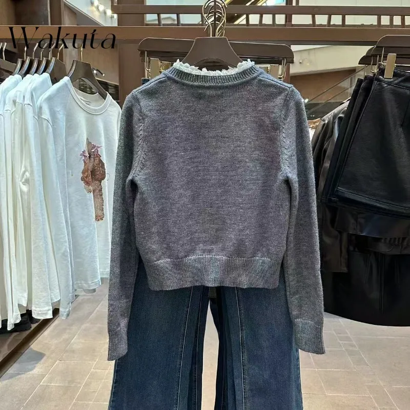 WAKUTA Fashion Classic Lace Round Neck Long-sleeved Solid Y2k Cardigan Korean Autumn Versatile Slim Wool Knit Sweaters 여성 반팔 니트