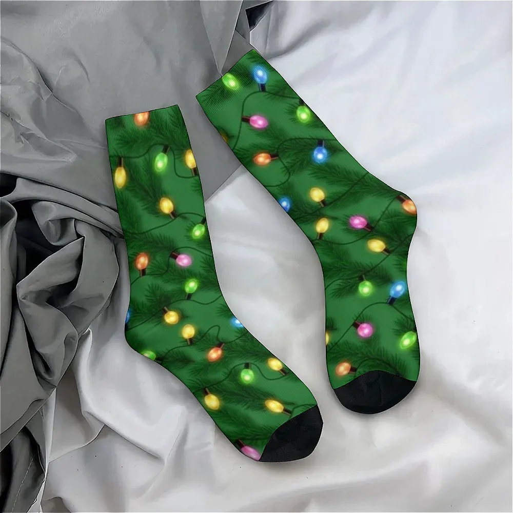 

1 Pair Festive Christmas Lights Pine Branches Print Crew Socks - Unisex Seamless Toe, Vibrant Holiday Colors Hand Wash Only
