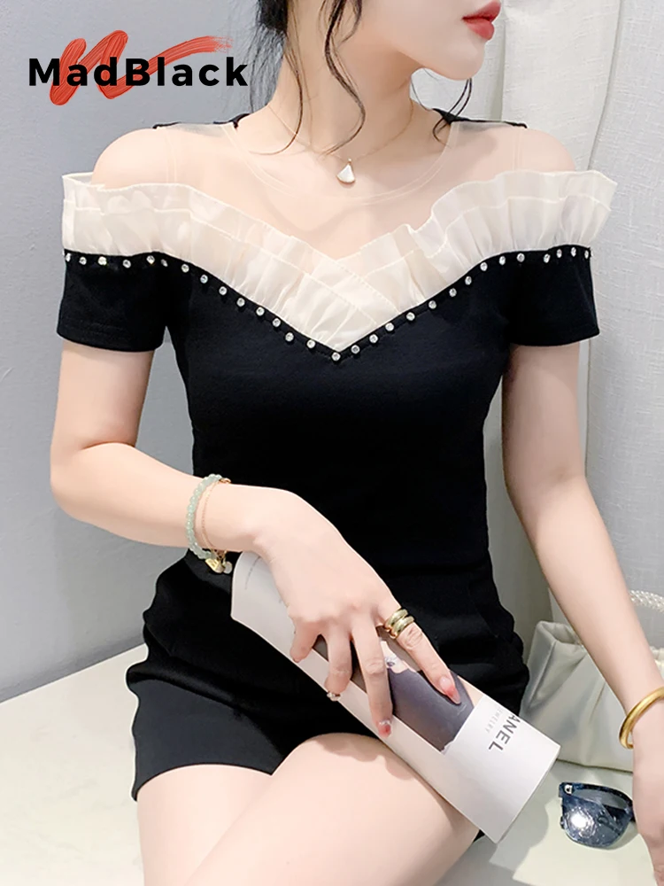 

MadBlack European Clothes Tshirts Women Sexy Shiny Off Shoulder Beaded Slim Cotton Tops Short Sleeve Tee Summer T46462JC