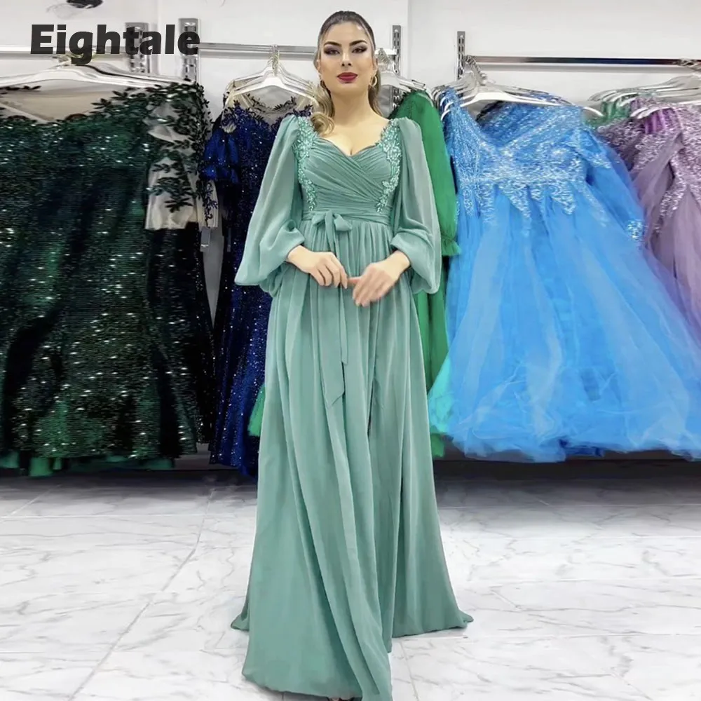 Eightale New in Evening Dress V-Neck Appliques Beaded Long Sleeves Chiffon A-Line Arabic Formal Prom Party Gowns Robes De Soirée