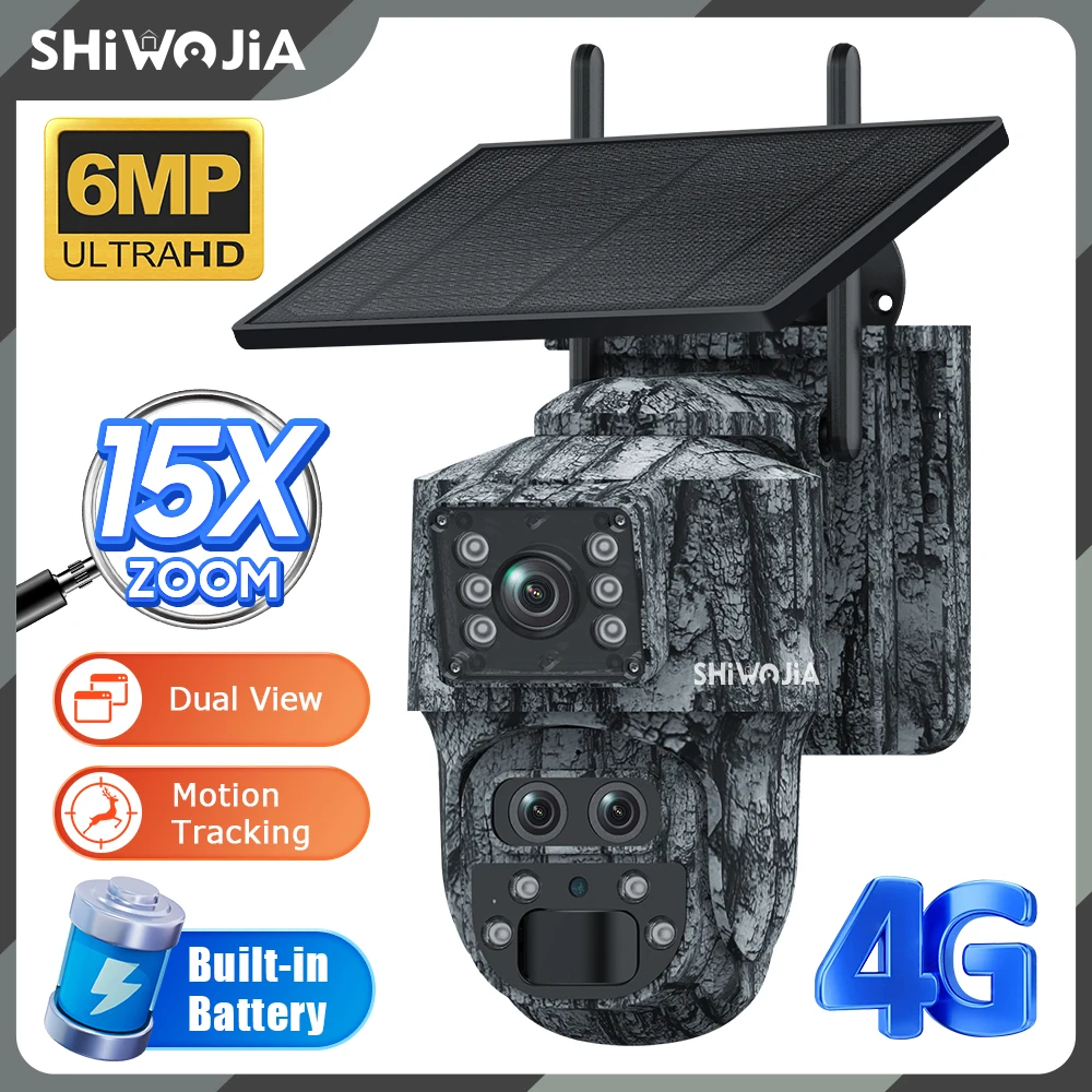 

SHIWOJIA 4G SIM Solar Camera 6MP Camouflage Color 15X ZOOM AI PIR Human Detection IP66 Waterproof Wildlife Hunting Cam