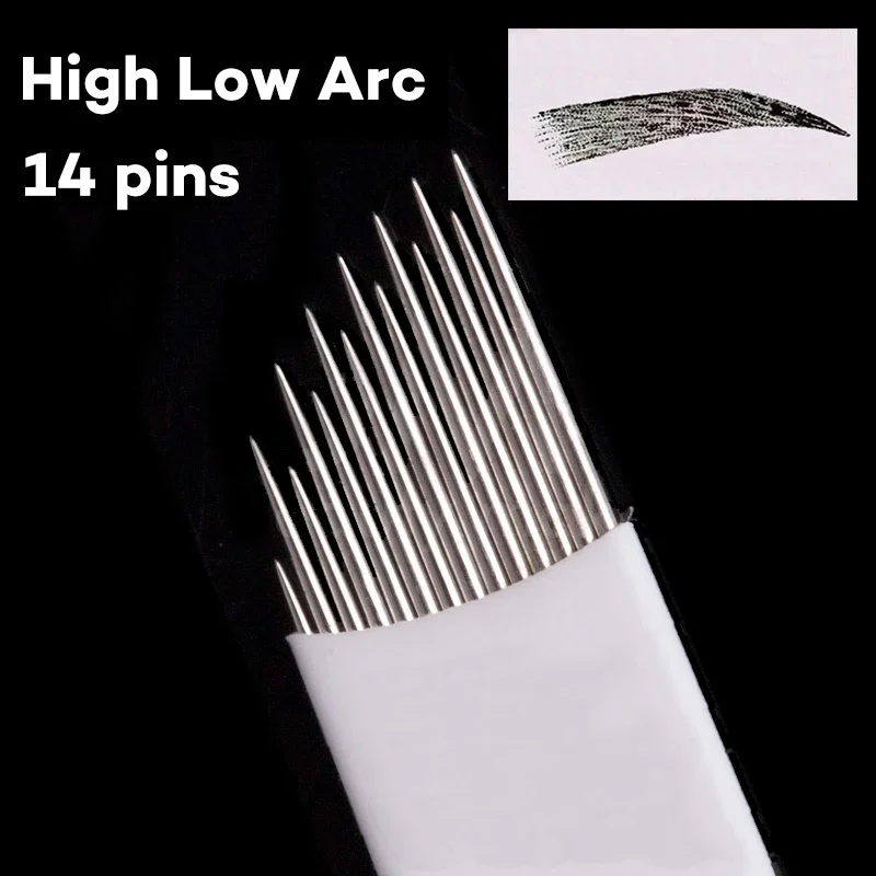 

100pcs Staggered High and Low Arc 14 Pins Needle Blade Permanent Makeup Fog Eyebrow Tattoo Blades Needles for Manual Pen