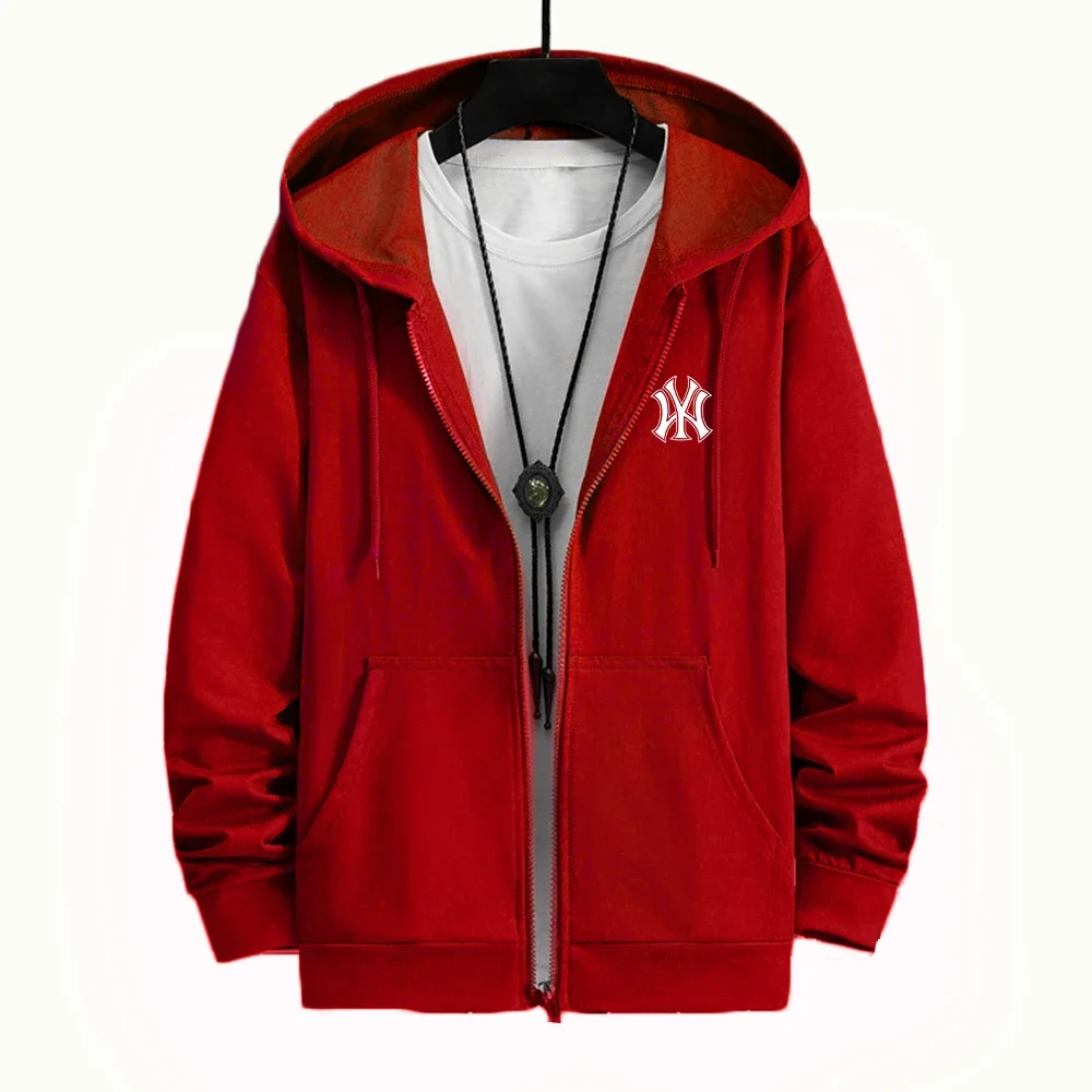 Men's street style zipper coat, oversized clothing, fashionable sweatshirt, solid color printed, outdoor sports loose top