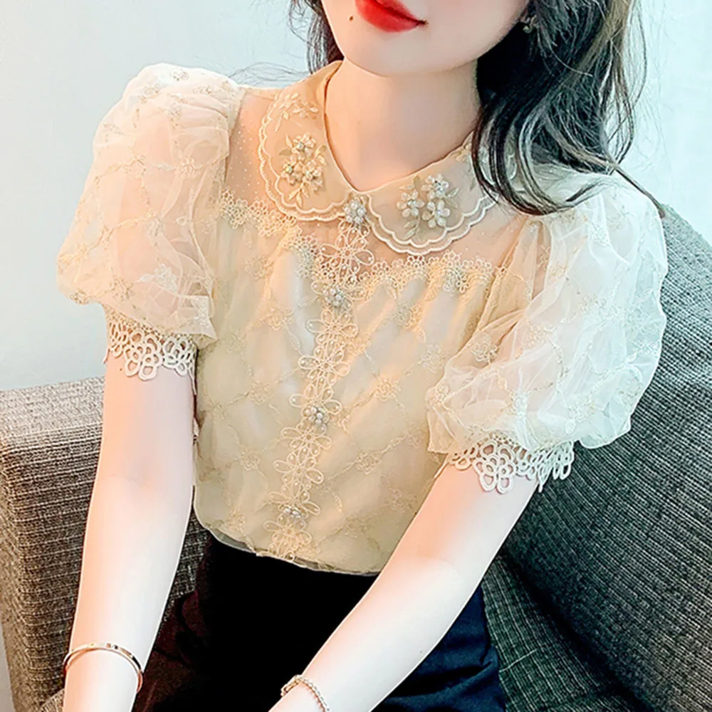 Korean Blusas Mujer Cute Loose Shirt Women Beading Peter Pan Collar Vintage Women Blouses Summer Short Puff Sleeve Tops