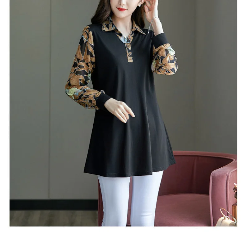 Autumn and Winter Oversize Versatile Commuting Women's Clothing Splice Button Printed POLO Collar Long Sleeve Pullover Shirt