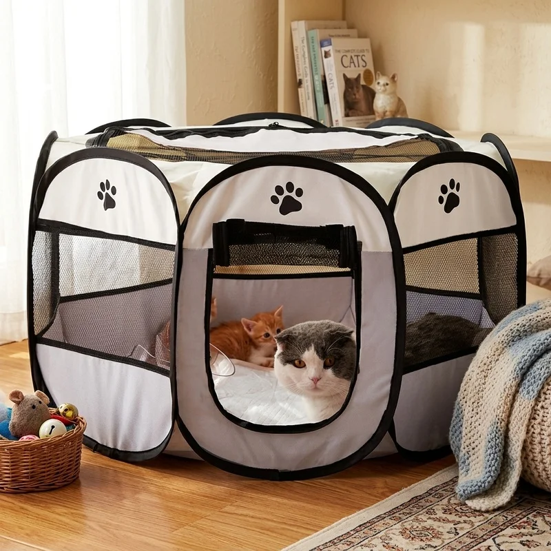 Foldable Octagonal Pet Tent Dog Cat Playpen, Portable Breathable Mesh Puppy Kennel Fence for Indoor Outdoor Camping Travel