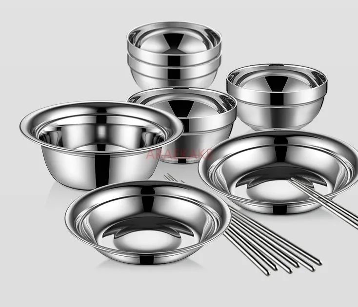 Stainless steel tableware bowl and plate set, outdoor camping home kitchen dishes, plates, anti drop bowls, chopsticks, spoons