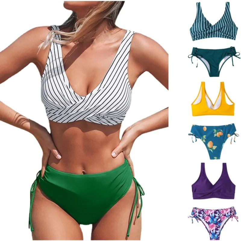 

HONGHANYUAN Print Mid-Waist Bikini Sets Swimsuit Women Sexy Lace Up Two Pieces Bandages Swimwear 2022 New Beach Bathing Suits