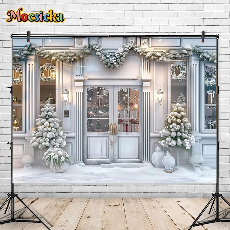 

Christmas White Photography Background Decor Xmas Tree Outside Door Party Kids Audlt Family Portraits Photoshoot Backdrop Props