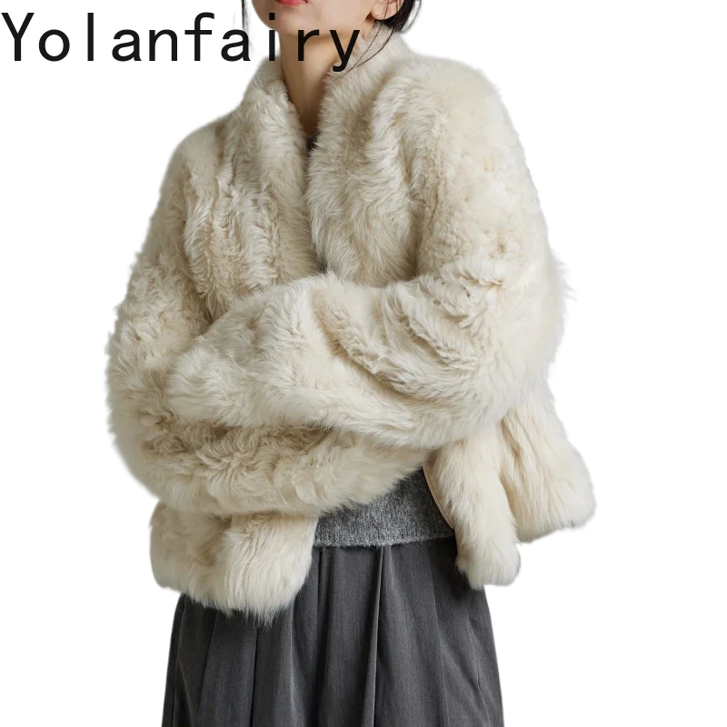 

YOLANFAIRY Natural Curly Sheepskin Fur Coat Women Winter Warm Real Fur Integrated Jacket Elegant Short Leather Fur Coats Woman